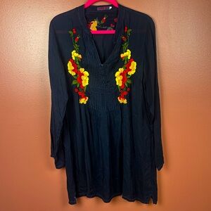 Johnny Was navy blue mini dress or tunic with yellow and red embroidered flowers
